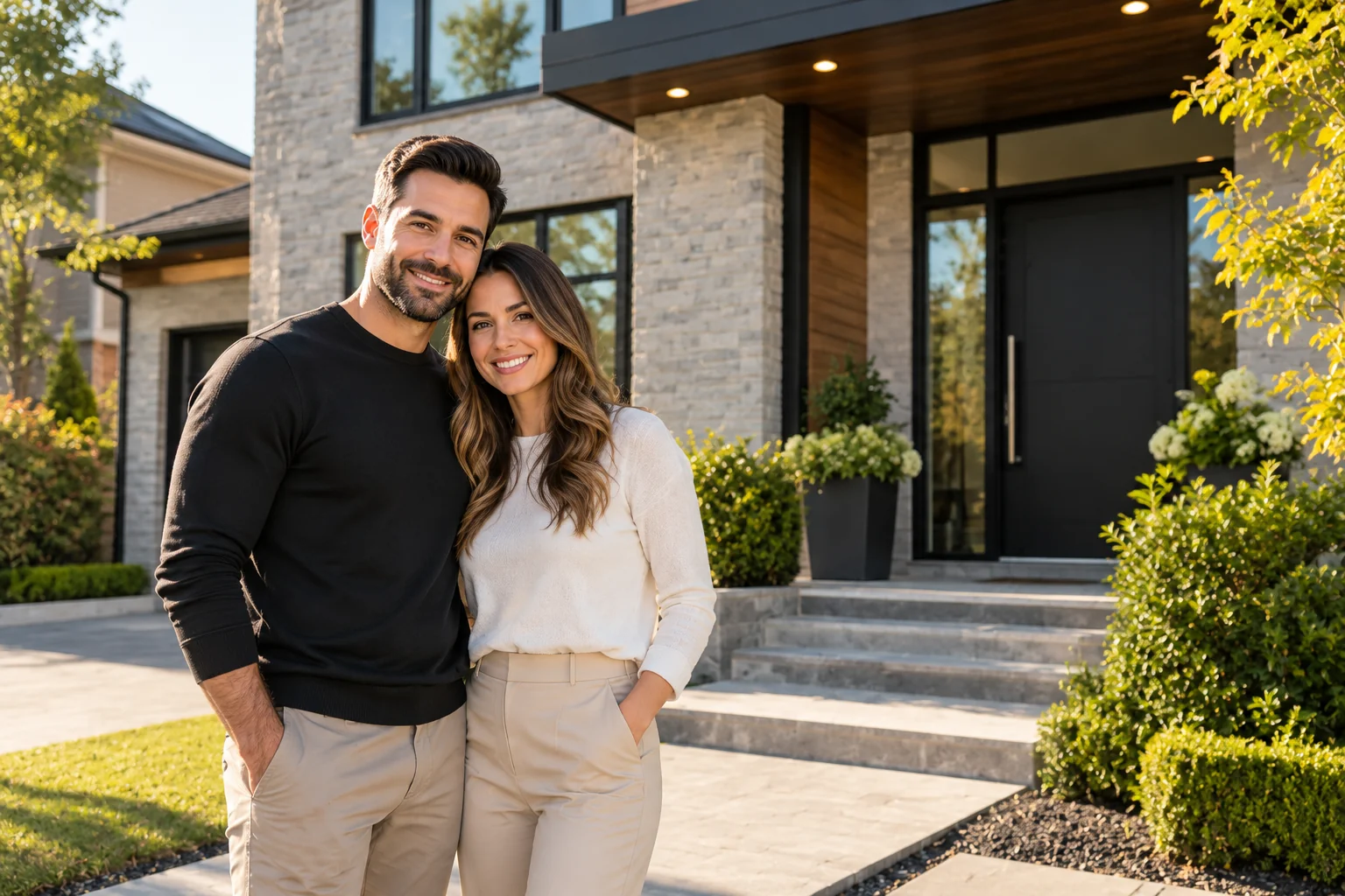 Smiling couple outside a modern home